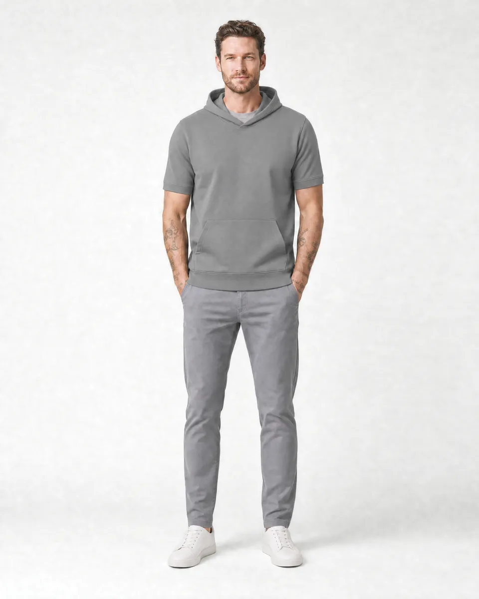 StringKing Men's Pima Terry Short Sleeve Hoodie - Sharp Fit, Frost Gray, Full Front - Human Model