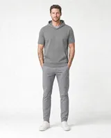 StringKing Men's Pima Terry Short Sleeve Hoodie - Sharp Fit, Frost Gray, Full Front - Human Model