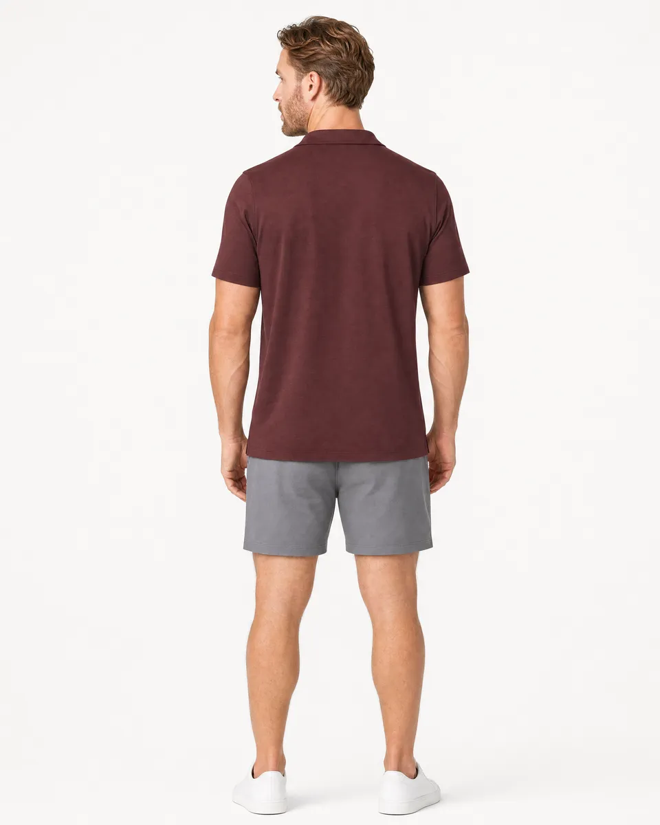 StringKing Men's Pima Jersey Classic Polo - Relaxed Fit, New Maroon, Full Back - Human Model - Top of head to Mid-thigh