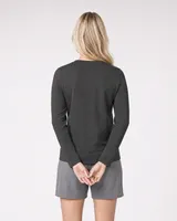 StringKing Women's Pima Terry Long Sleeve Tee - Sharp Fit, Peat, Full Back - Human Model - Top of head to Mid-thigh