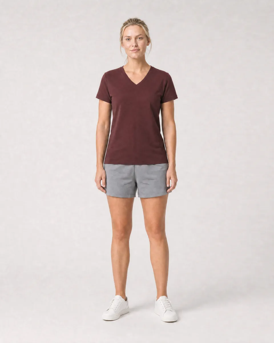 StringKing Women's Pima Jersey V-Neck Tee - Sharp Fit, New Maroon, Full Front - Human Model