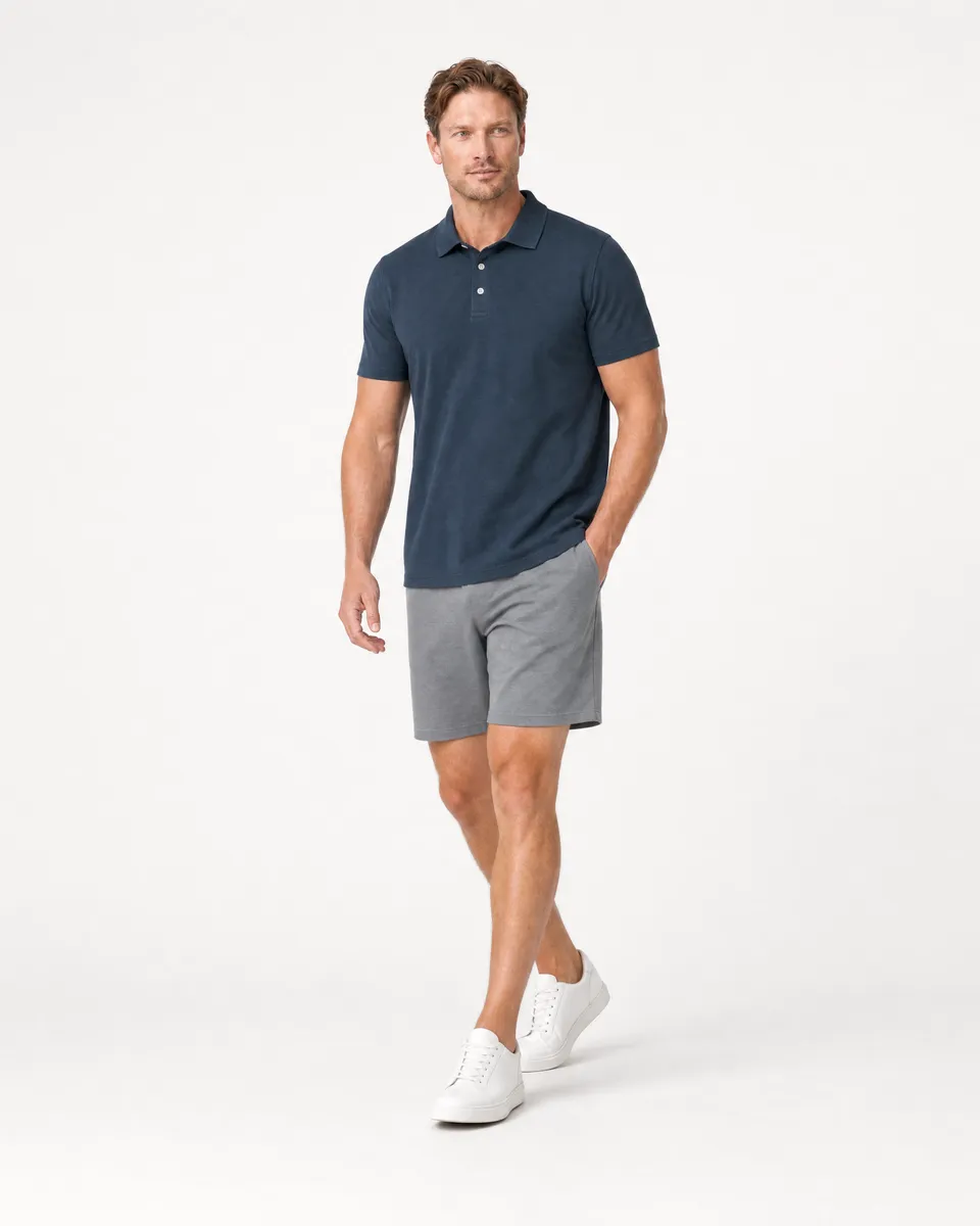 StringKing Men's Pima Terry Polo - Relaxed Fit, Navy, Full Front Angle - Human Model
