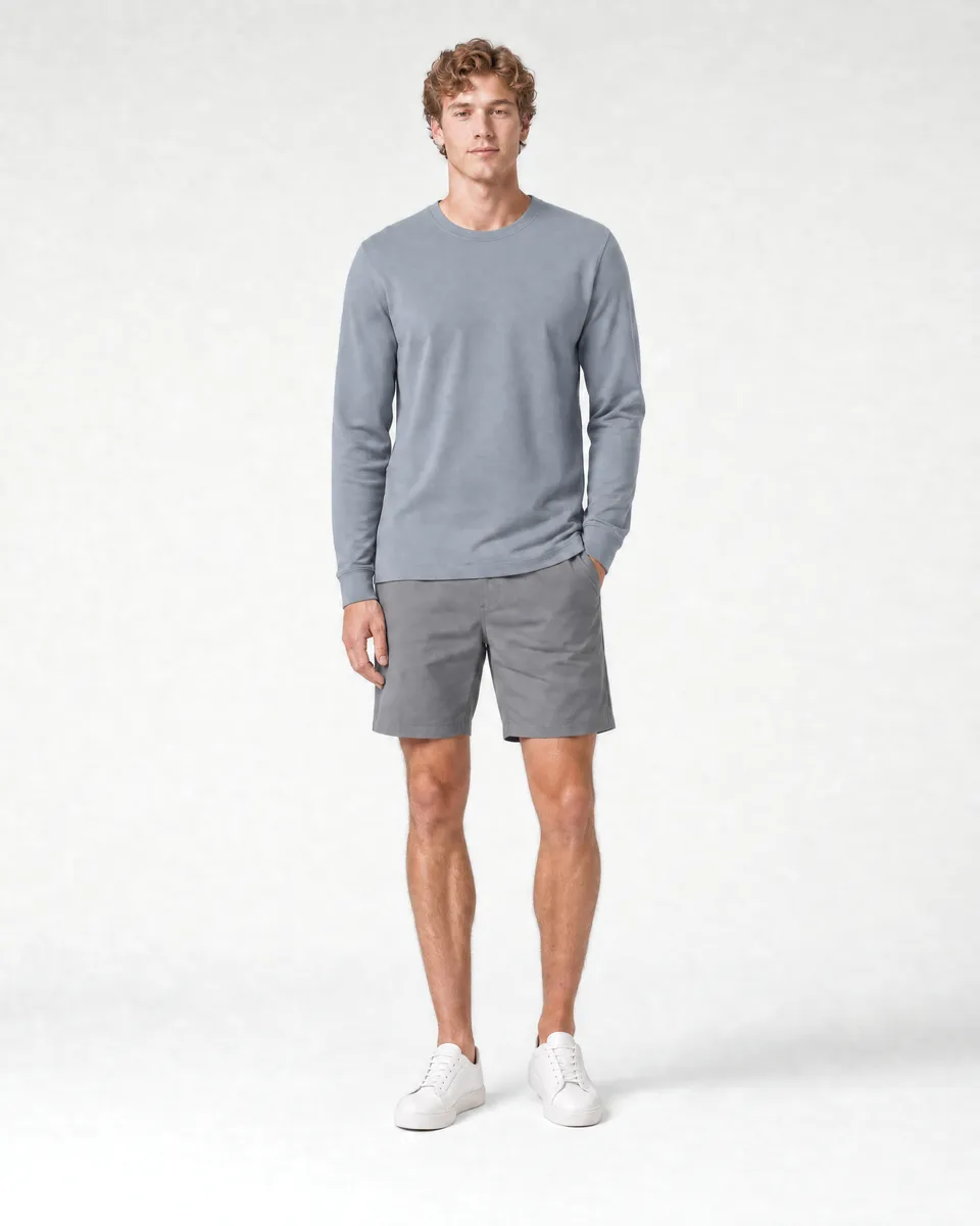 StringKing Men's Pima Terry Long Sleeve Tee - Sharp Fit, Tradewinds, Full Front - Human Model