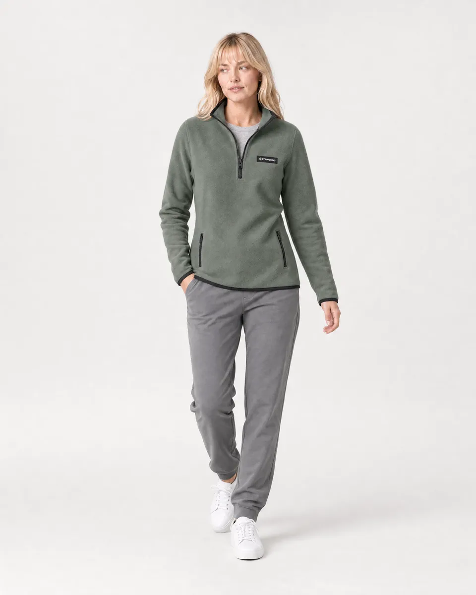 StringKing Women's Polartec Fleece Quarter Zip with Pockets - Relaxed Fit, Avenue Green, Collar Shoulder - Human Model