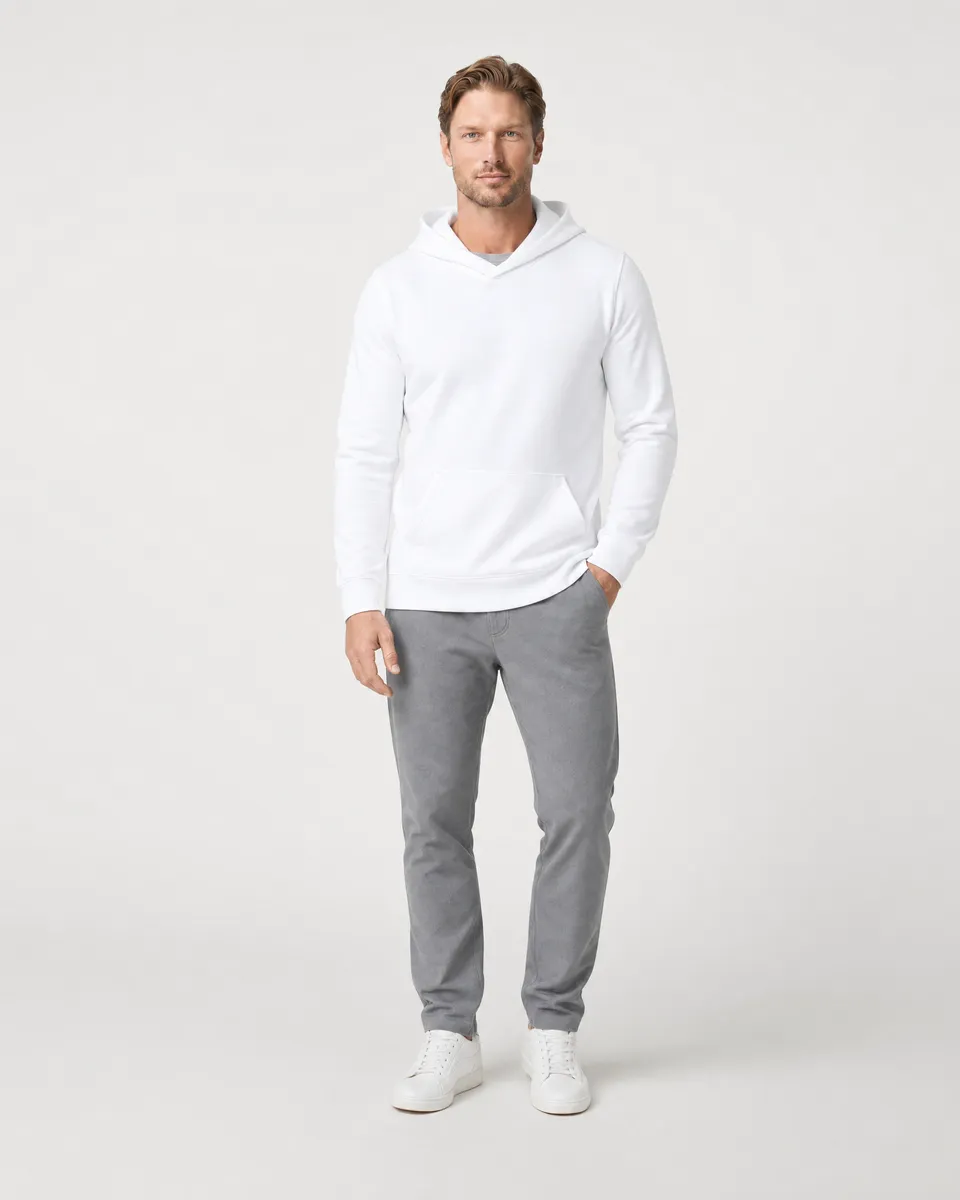 StringKing Men's StayWarm Hoodie - Sharp Fit, White, Full Front - Human Model