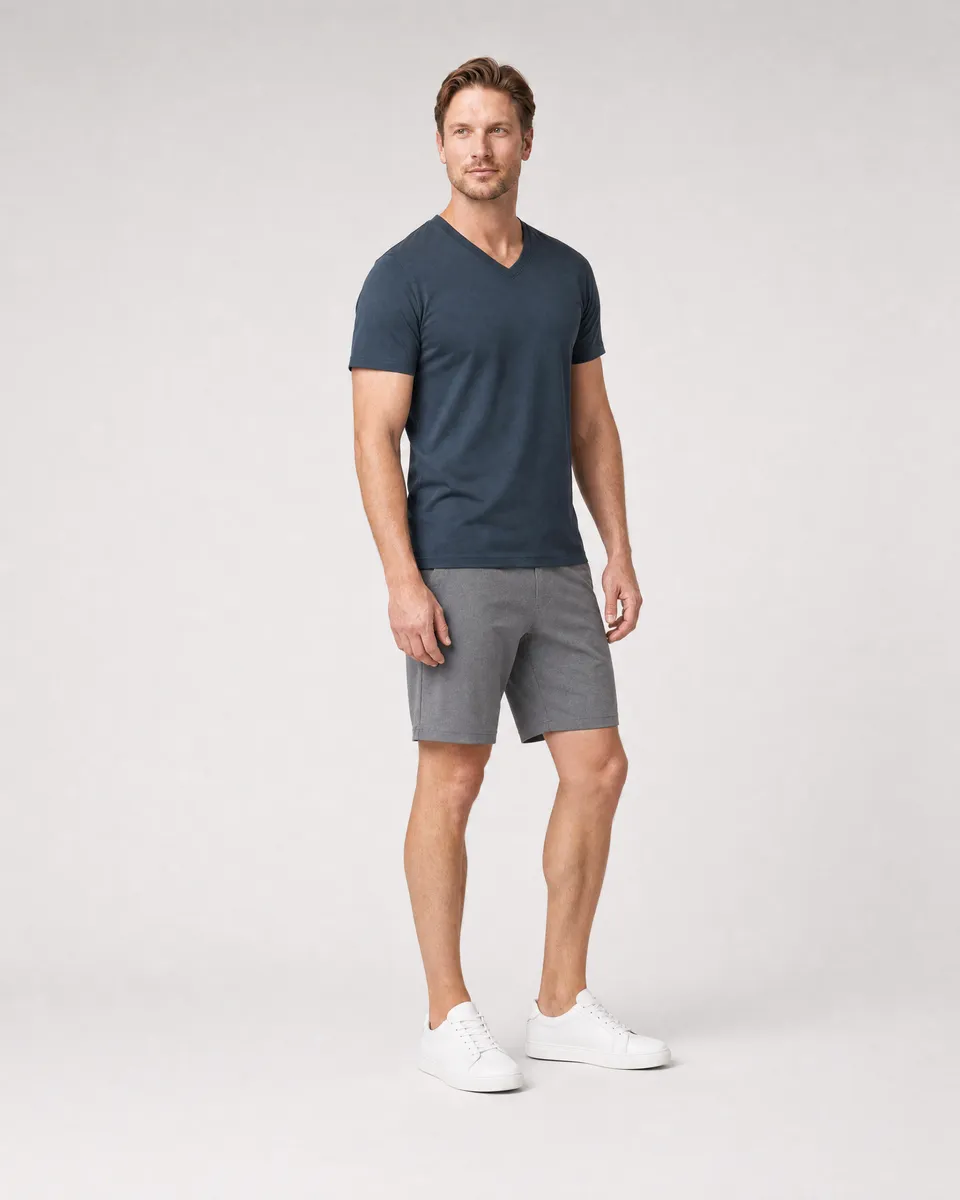 StringKing Men's Pima Jersey V-Neck Tee - Sharp Fit, Navy, Full Front Angle - Human Model