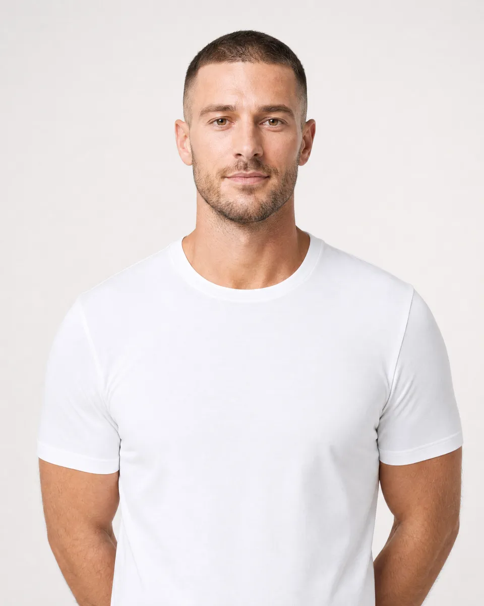 StringKing Men's StayWarm Tee - Relaxed Fit, White, Collar Shoulder - Human Model