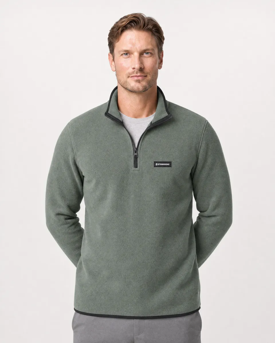 StringKing Men's Polartec Fleece Quarter Zip - Sharp Fit, Avenue Green, Collar Shoulder - Human Model