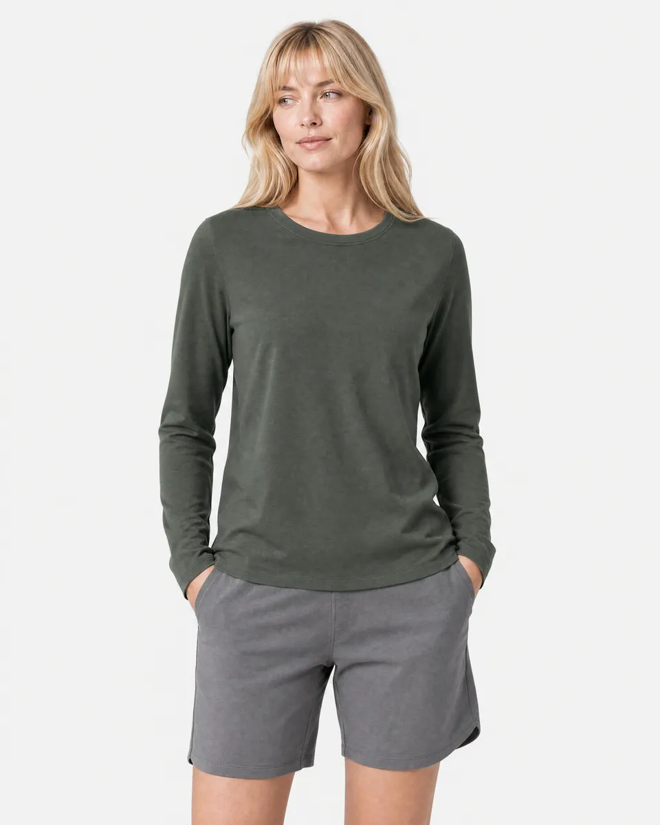 StringKing Women's Pima Terry Long Sleeve Tee - Relaxed Fit, Moss, Full Front - Human Model - Top of head to Knees