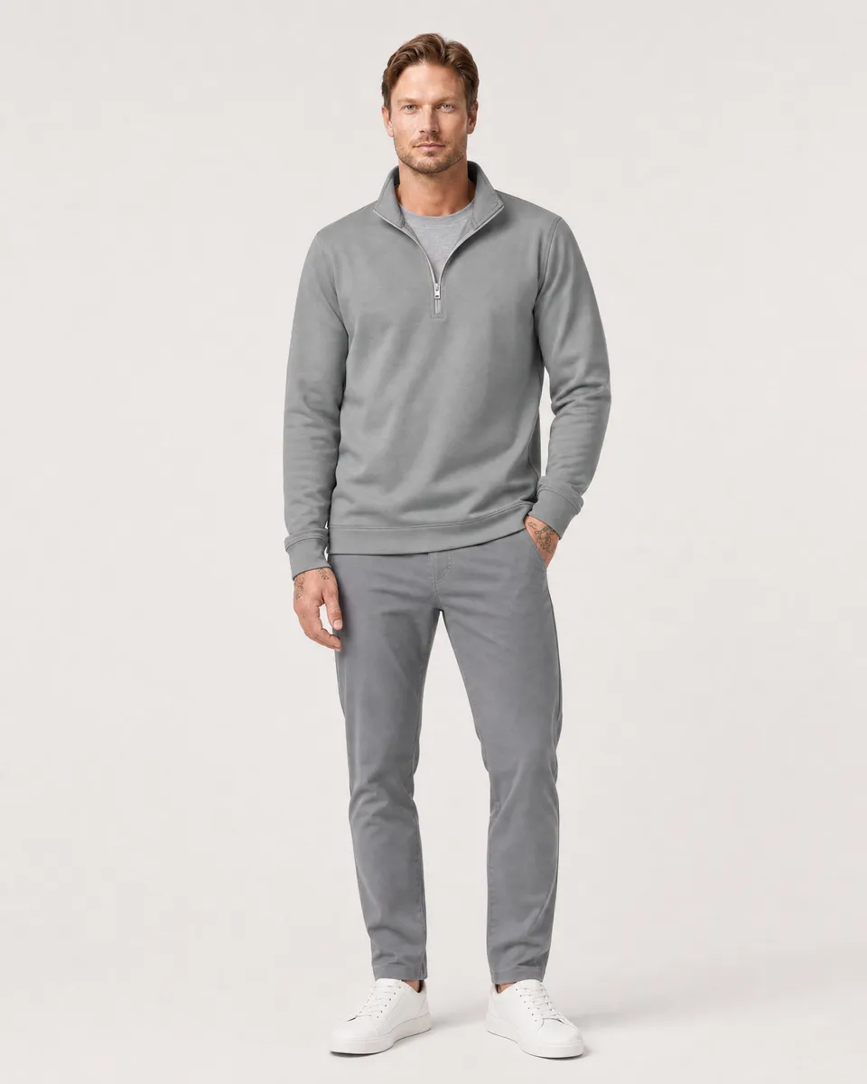 StringKing Men's StayWarm Quarter Zip - Relaxed Fit, Gray, Full Front - Human Model - Top of head to Knees