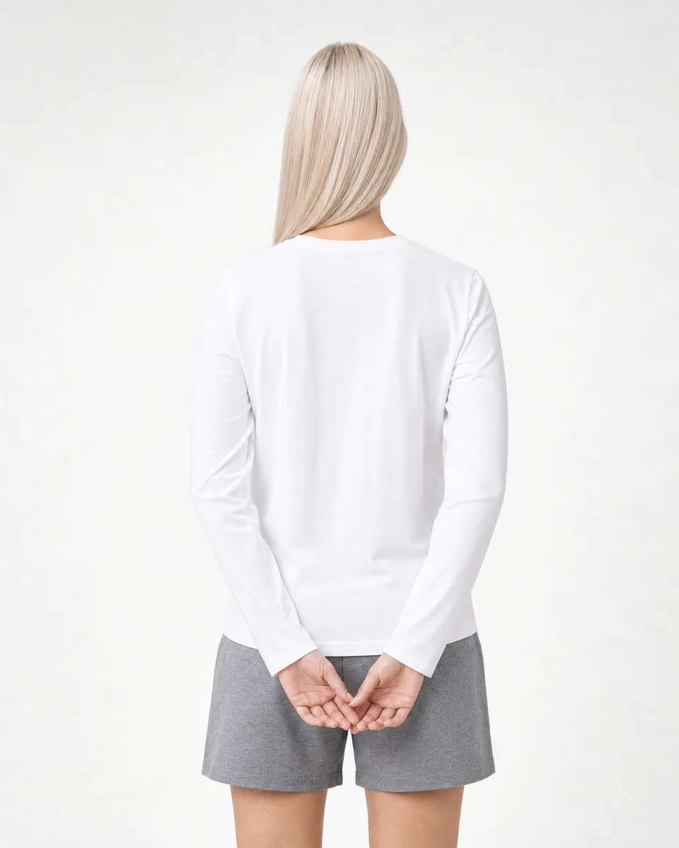 StringKing Women's Pima Jersey Long Sleeve Tee - Relaxed Fit, White, Full Back - Human Model - Top of head to Mid-thigh