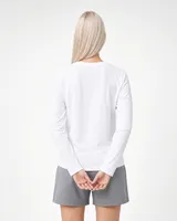 StringKing Women's Pima Jersey Long Sleeve Tee - Relaxed Fit, White, Full Back - Human Model - Top of head to Mid-thigh