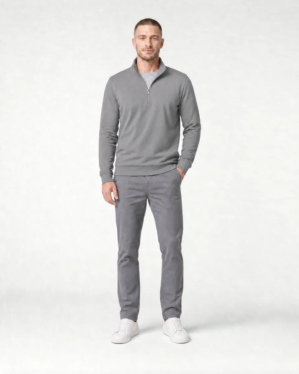 StringKing Men's Pima Terry Quarter Zip - Sharp Fit, Frost Gray, Full Front - Human Model
