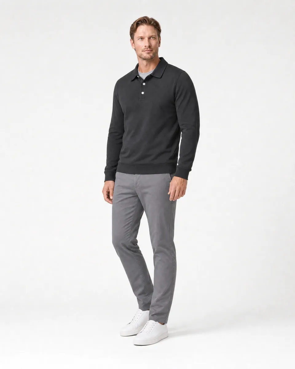 StringKing Men's Pima Terry Long Sleeve Polo - Sharp Fit, Black, Full Front Angle - Human Model