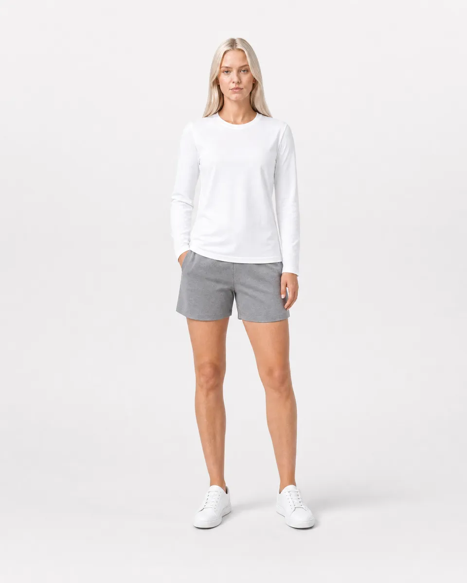 StringKing Women's Pima Jersey Long Sleeve Tee - Relaxed Fit, White, Full Front - Human Model