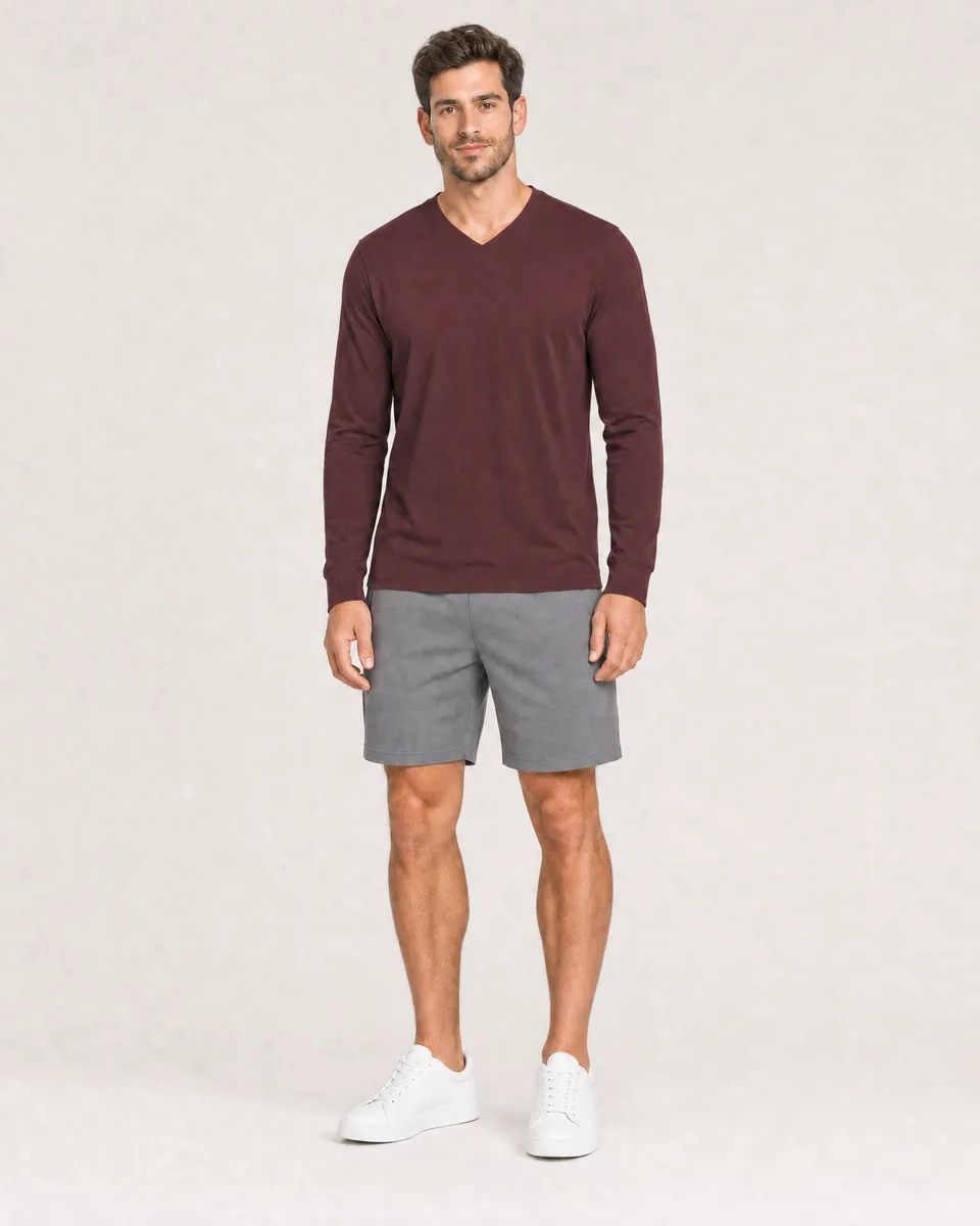 StringKing Men's Pima Jersey Long Sleeve V-Neck Tee - Sharp Fit, New Maroon, Full Front - Human Model - Top of head to Knees