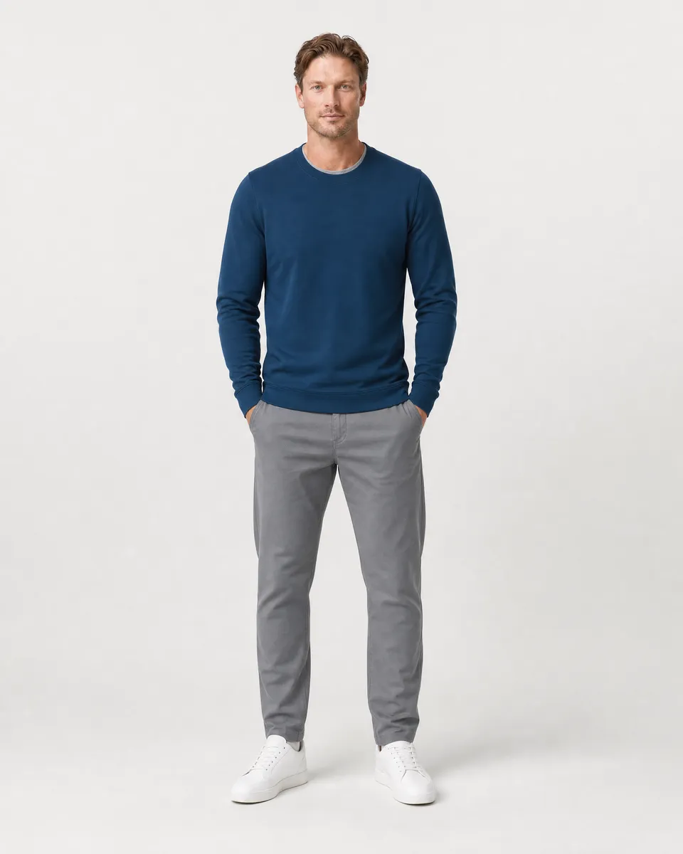 StringKing Men's StayWarm Sweater - Sharp Fit, Navy Blue, Full Front - Human Model