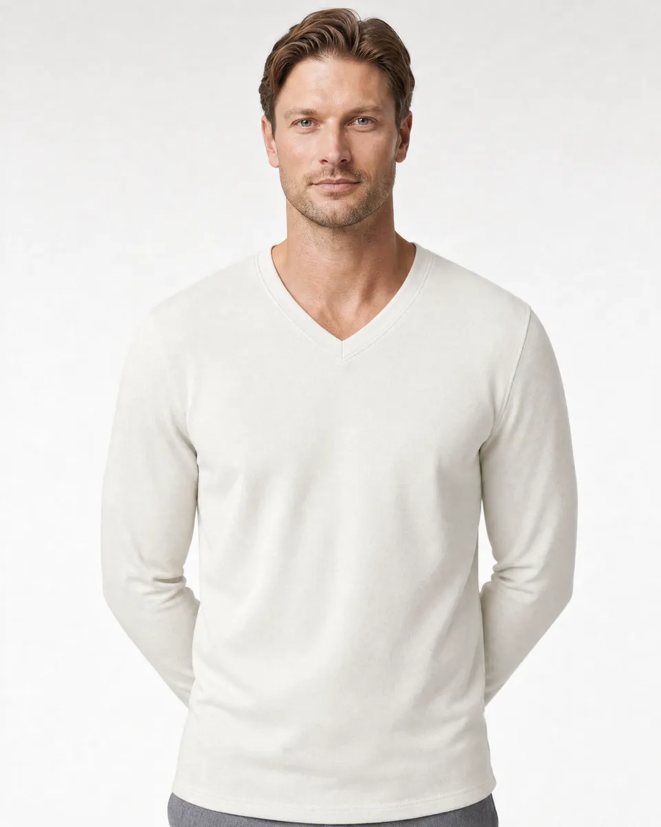 StringKing Men's Pima Terry Long Sleeve V-Neck Tee - Sharp Fit, Tofu, Collar Shoulder - Human Model