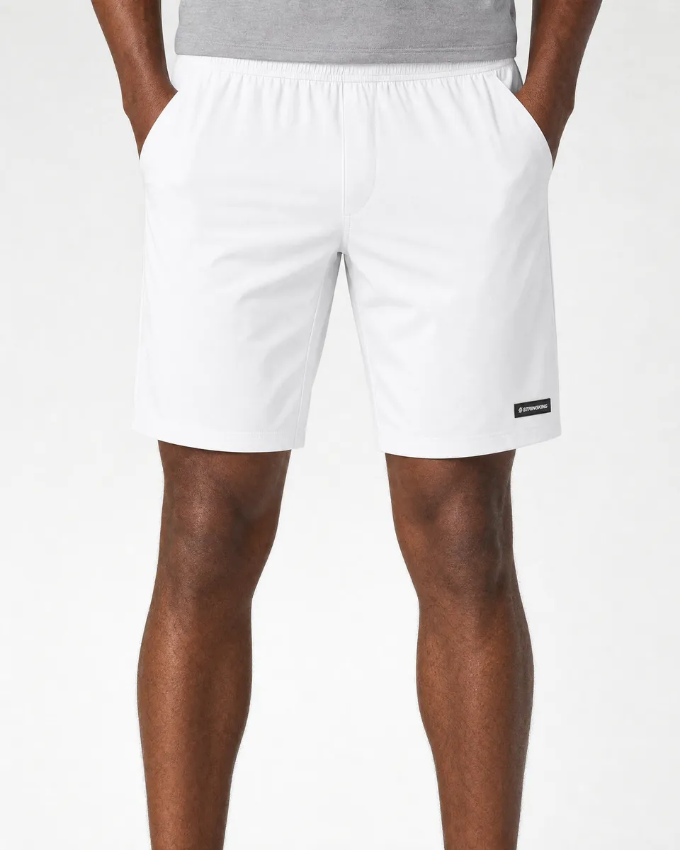 StringKing Men's Nylon Flex Shorts - Sharp Fit, White, Full Front - Human Model - Waist to Mid-calf