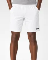 StringKing Men's Nylon Flex Shorts - Sharp Fit, White, Full Front - Human Model - Waist to Mid-calf