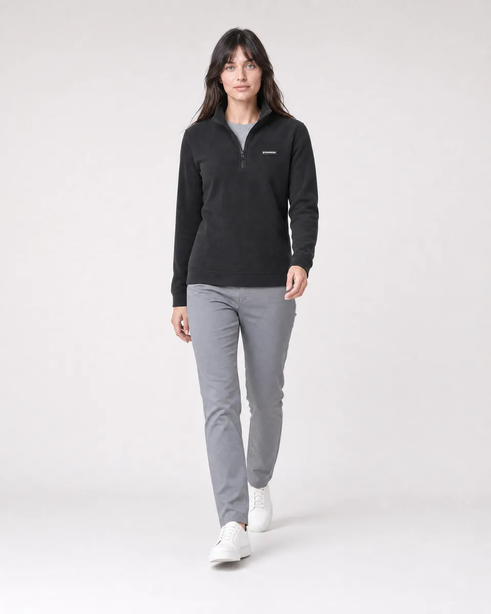 StringKing Women's Polartec Fleece Quarter Zip - Sharp Fit, Meteorite, Full Front Angle - Human Model
