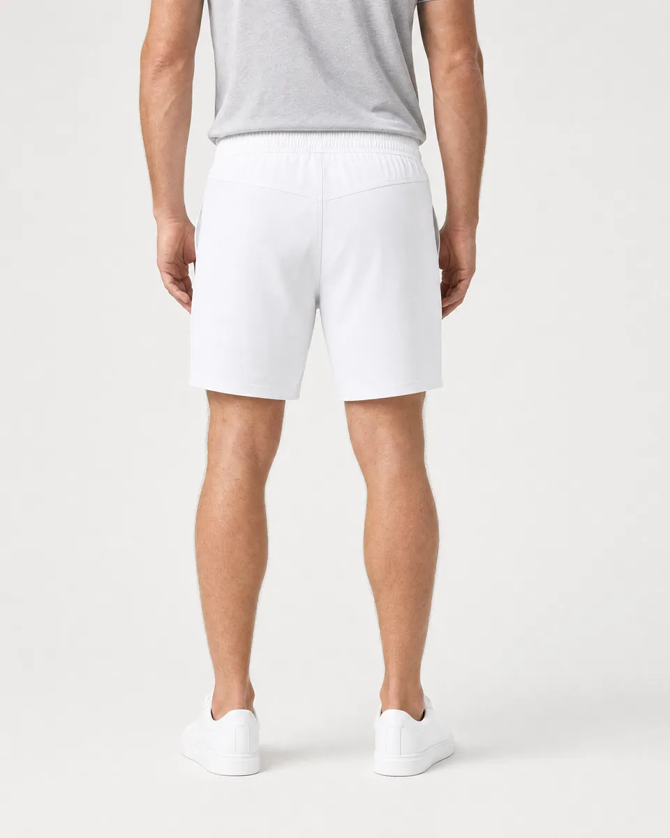 StringKing Men's Nylon Flex Game Shorts - Sharp Fit, White, Full Back - Human Model - Chest to Feet