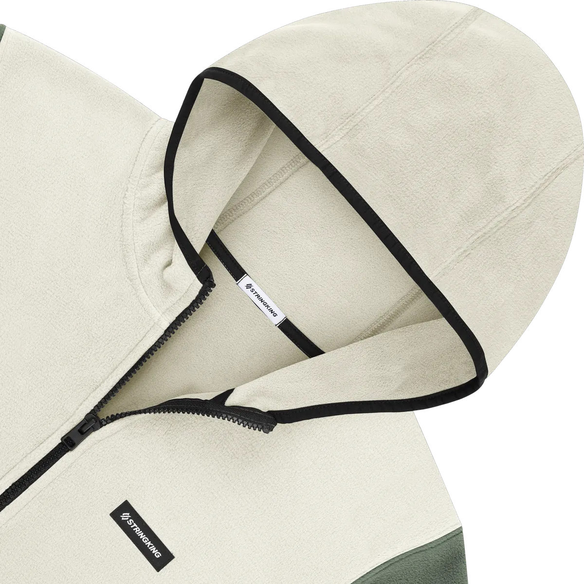 StringKing Men's Polartec Half Zip Hoodie - Relaxed Fit, Jet Stream Top, Meteorite Bottom, Avenue Green Sleeves, Black Trim, Detail