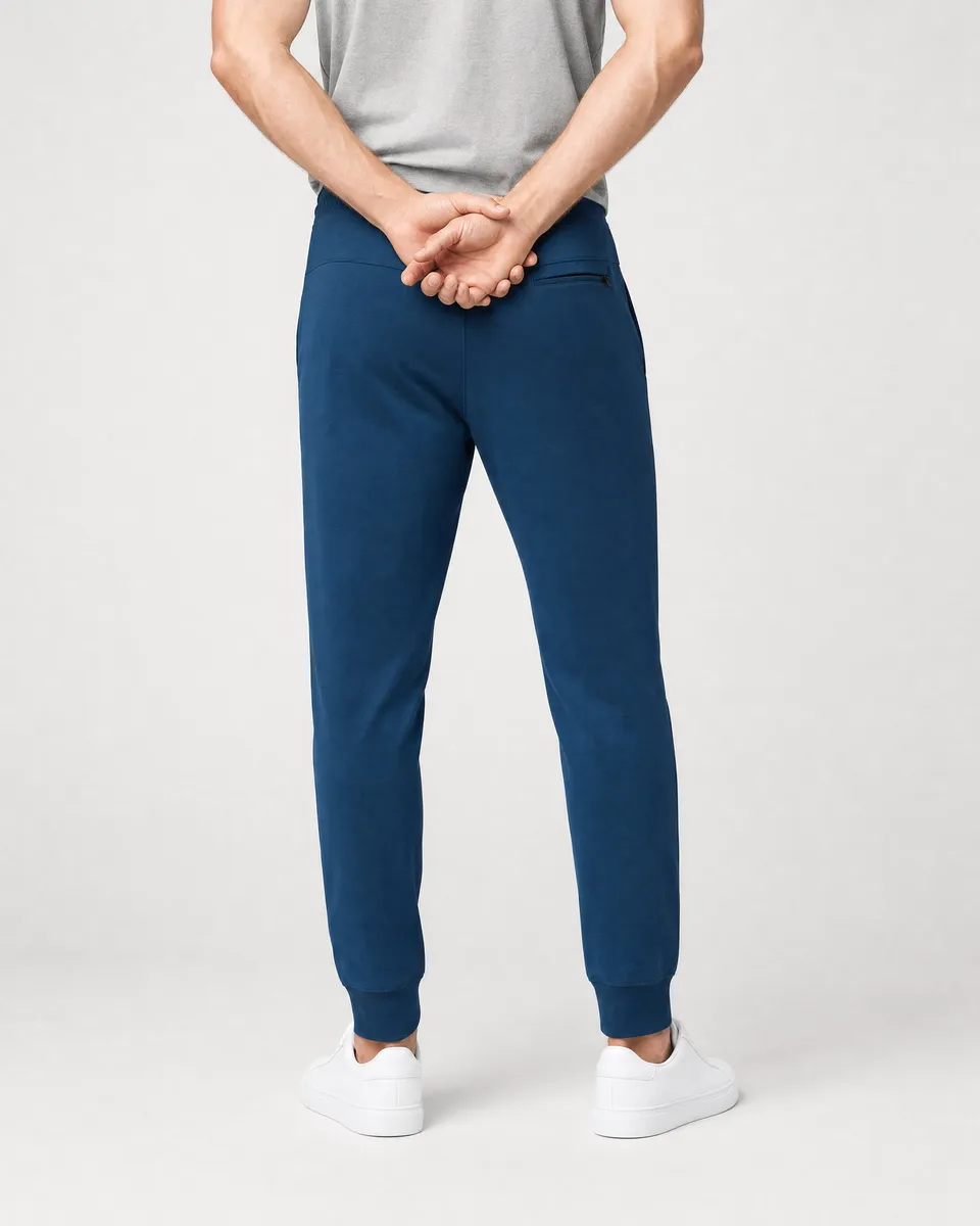 StringKing Men's StayWarm Joggers - Sharp Fit, Navy Blue, Full Back - Human Model - Chest to Feet