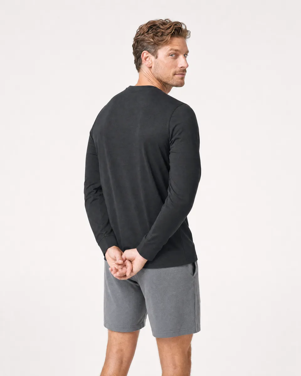StringKing Men's Pima Jersey Long Sleeve Pocket Tee - Relaxed Fit, Black, Full Back - Human Model - Top of head to Mid-thigh