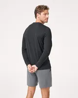 StringKing Men's Pima Jersey Long Sleeve Pocket Tee - Relaxed Fit, Black, Full Back - Human Model - Top of head to Mid-thigh