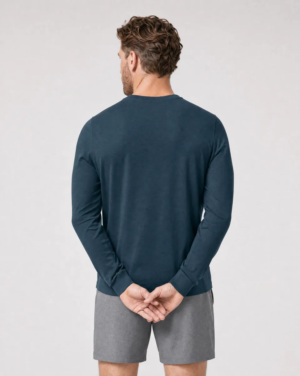 StringKing Men's Pima Jersey Long Sleeve Tee - Sharp Fit, Navy, Full Back - Human Model - Top of head to Mid-thigh