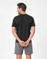 StringKing Men's Pima Jersey Short Sleeve Henley - Sharp Fit, Black, Full Back - Human Model - Top of head to Mid-thigh