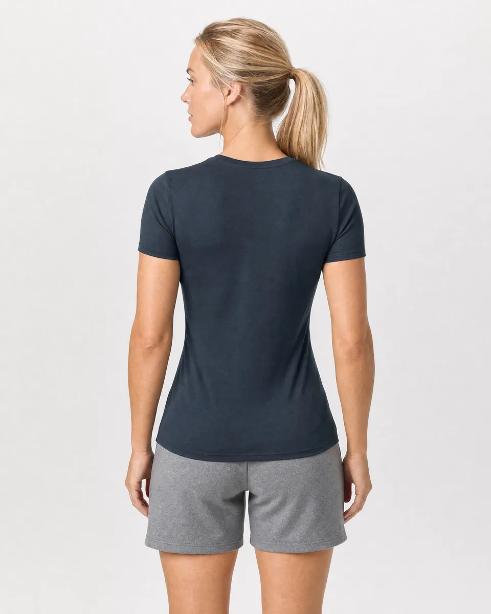 StringKing Women's Pima Jersey Tee - Sharp Fit, Navy, Full Back - Human Model - Top of head to Mid-thigh
