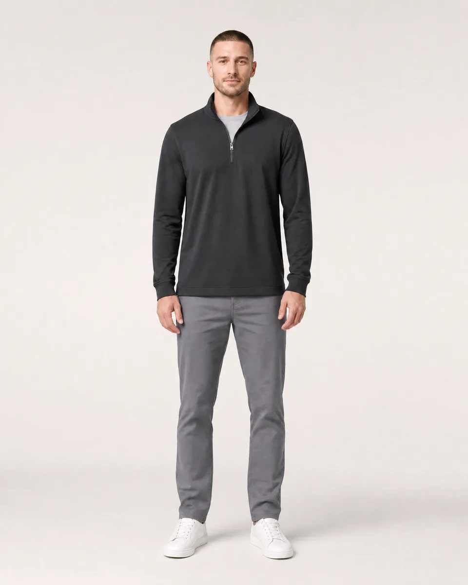 StringKing Men's StayWarm Quarter Zip - Relaxed Fit, Black, Full Front - Human Model