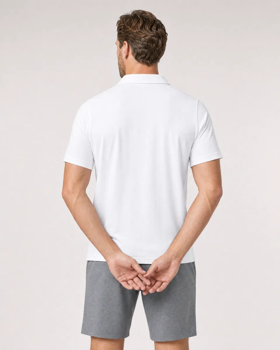StringKing Men's StayCool Polo - Sharp Fit, White, Full Back - Human Model - Top of head to Mid-thigh