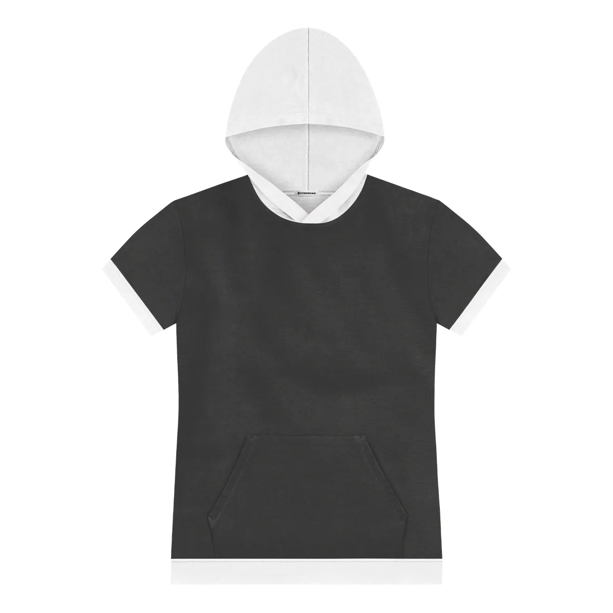 StringKing Men's Pima Cotton Short Sleeve Hoodie 2C - Sharp Fit, Black Main, White Accent, Front