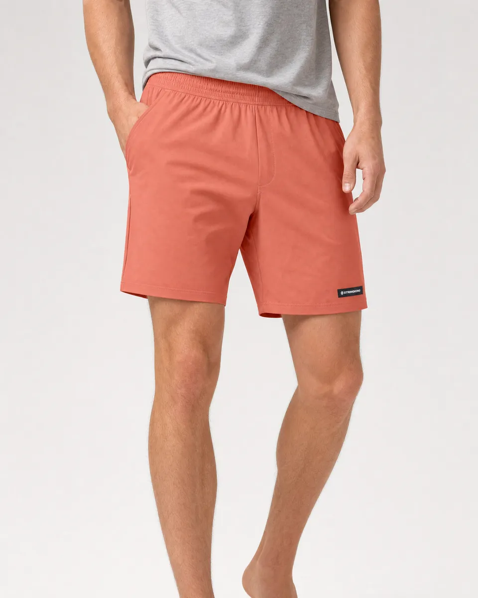 StringKing Men's Nylon Flex Shorts - Sharp Fit, Crabapple, Full Front - Human Model - Waist to Mid-calf