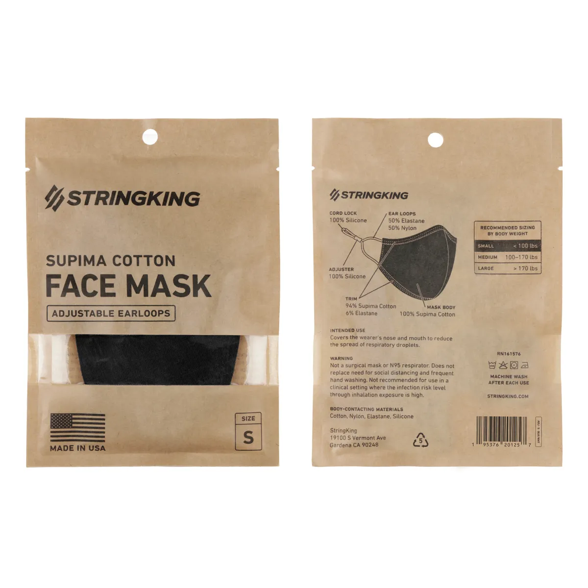 StringKing Cloth Face Mask - Adjustable, Single, Small, Black, Front, Back