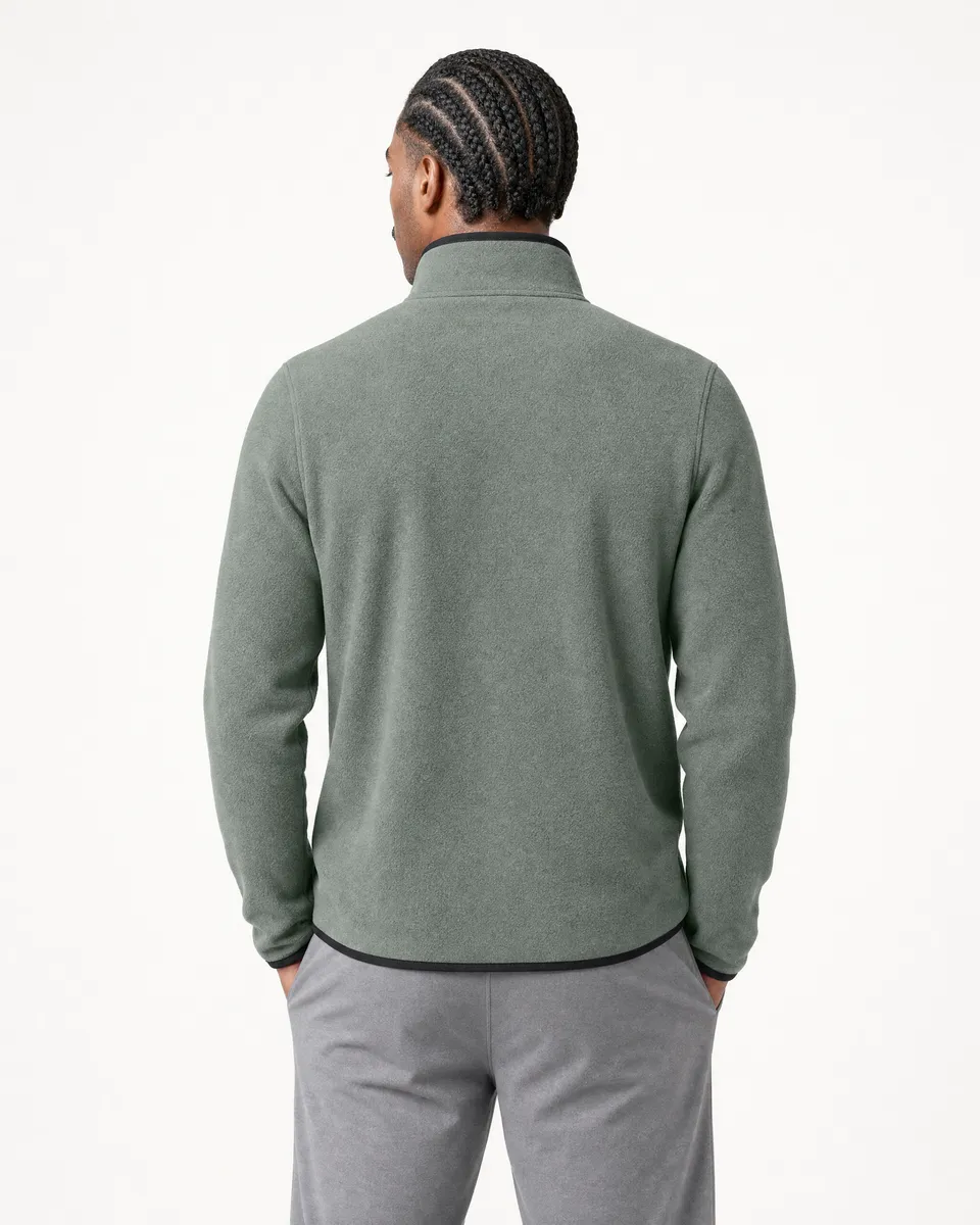 StringKing Men's Polartec Fleece Full Zip with Pockets - Sharp Fit, Avenue Green, Full Back - Human Model - Top of head to Mid-thigh