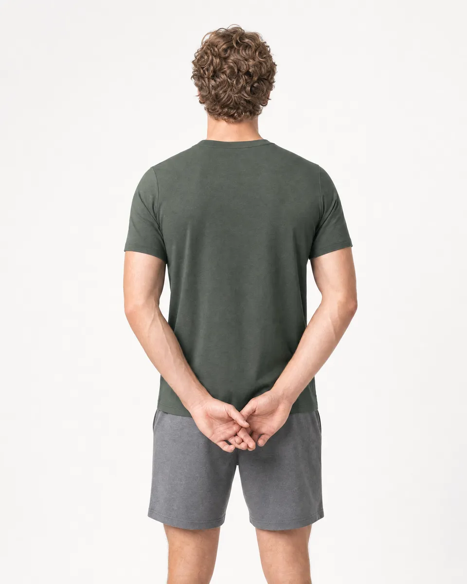 StringKing Men's Pima Jersey Tee - Sharp Fit, Moss, Full Back - Human Model - Top of head to Mid-thigh