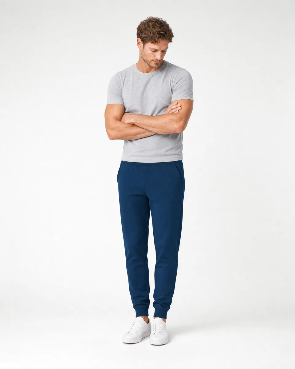 StringKing Men's StayWarm Joggers - Sharp Fit, Navy Blue, Full Front Angle - Human Model