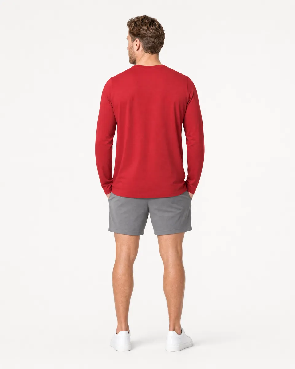 StringKing Men's StayCool Long Sleeve Tee - Relaxed Fit, Red, Full Back - Human Model - Top of head to Mid-thigh