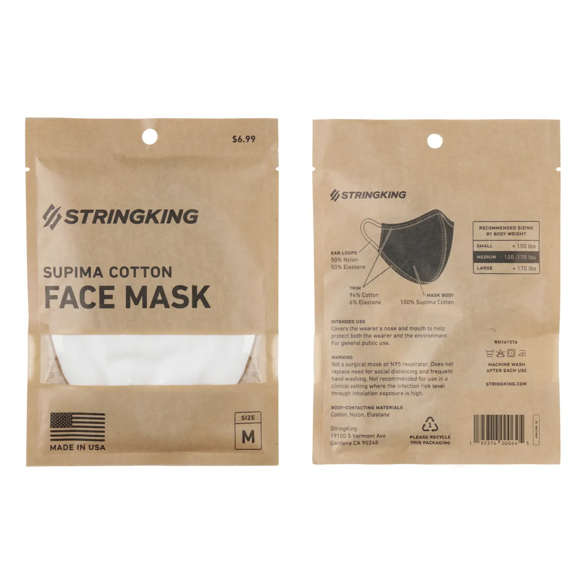 StringKing Cloth Face Mask - Standard, Single, Medium, White, Front, Back