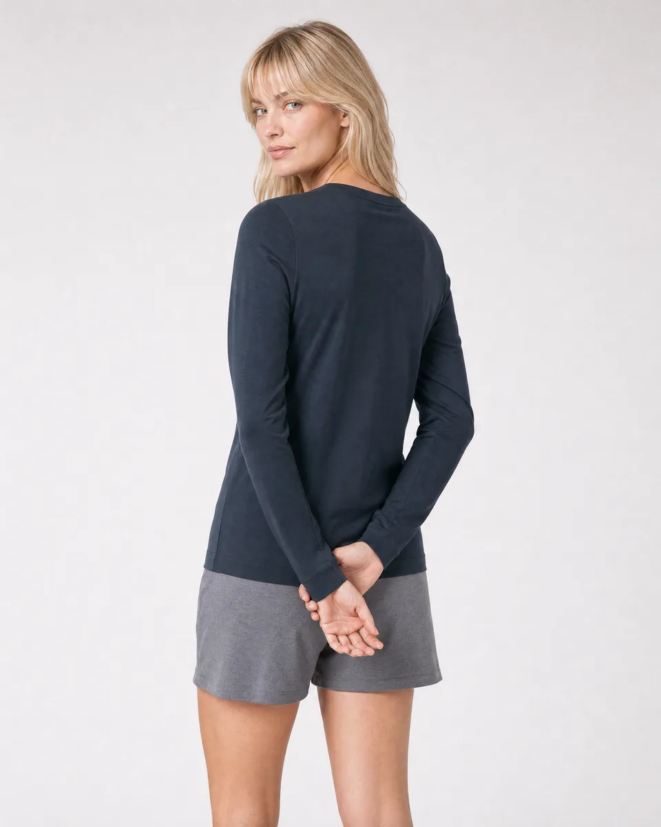 StringKing Women's Pima Jersey Long Sleeve Tee - Sharp Fit, Navy, Full Back - Human Model - Top of head to Mid-thigh
