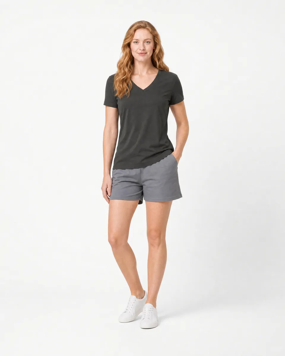 StringKing Women's Pima Jersey V-Neck Tee - Sharp Fit, Peat, Full Front - Human Model