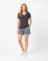 StringKing Women's Pima Jersey V-Neck Tee - Sharp Fit, Peat, Full Front - Human Model