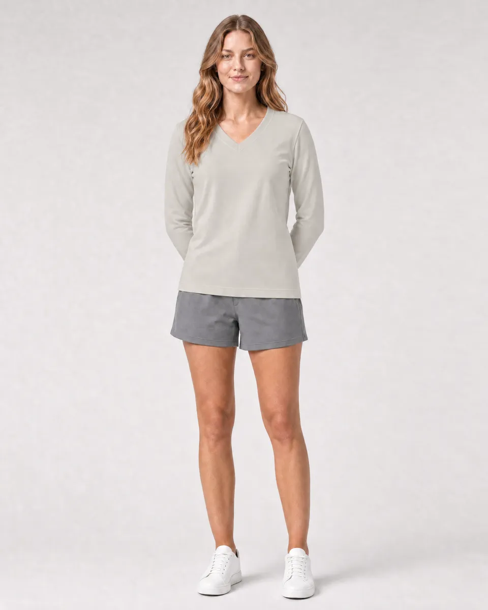 StringKing Women's Pima Terry Long Sleeve V-Neck Tee - Sharp Fit, Moonstruck, Full Front - Human Model - Top of head to Knees