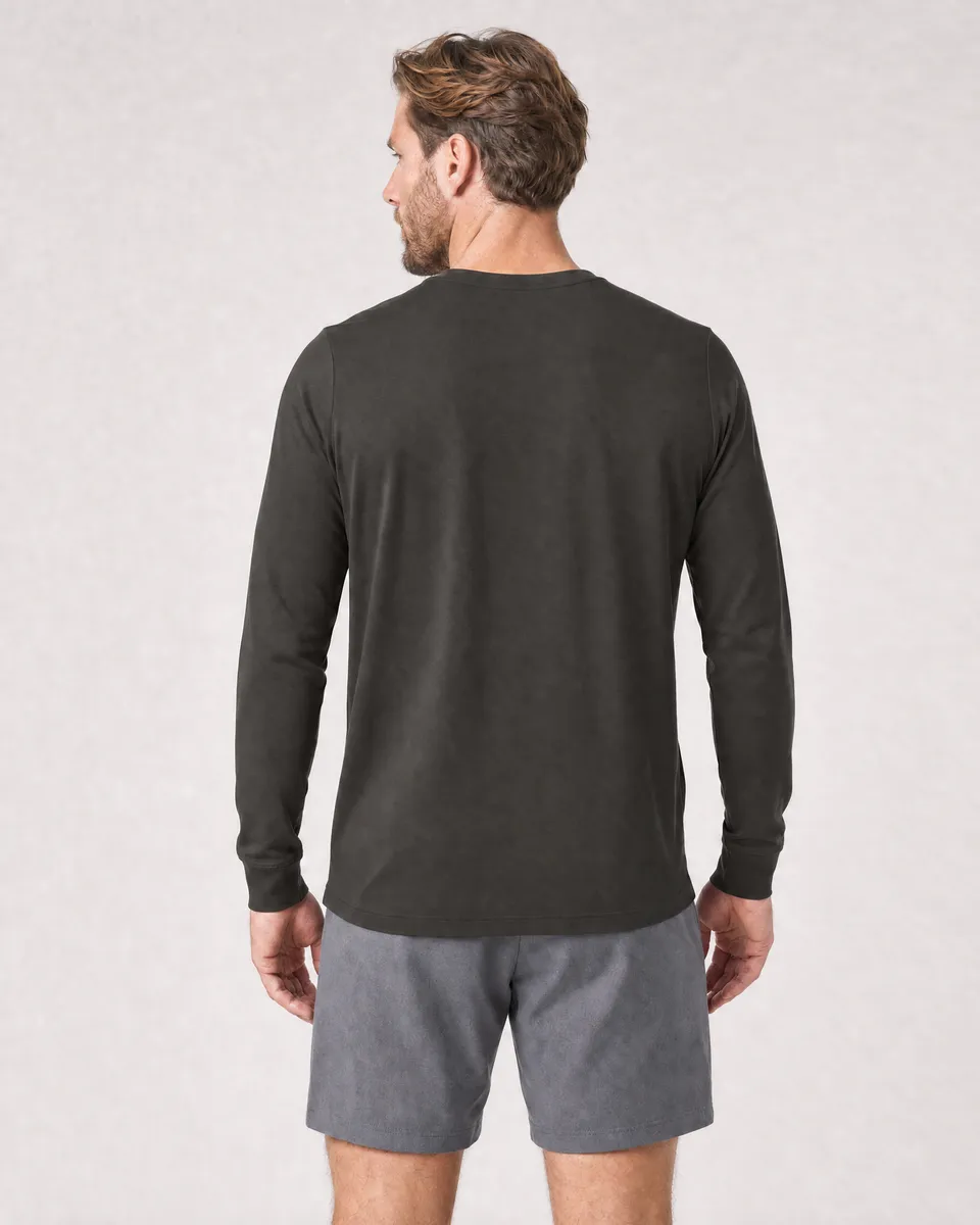 StringKing Men's Pima Jersey Henley - Sharp Fit, Peat, Full Back - Human Model - Top of head to Mid-thigh