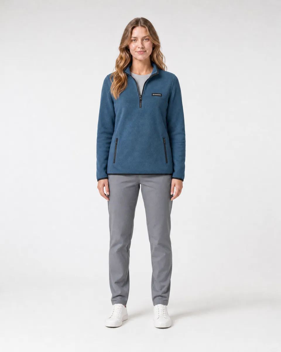 StringKing Women's Polartec Fleece Quarter Zip with Pockets - Sharp Fit, Indian Teal, Full Front - Human Model