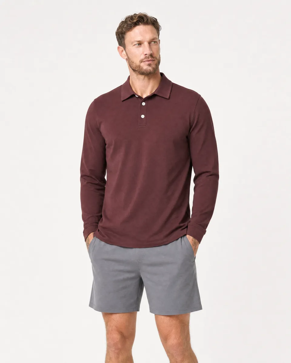 StringKing Men's Pima Jersey Long Sleeve Polo - Relaxed Fit, New Maroon, Full Front - Human Model - Top of head to Knees